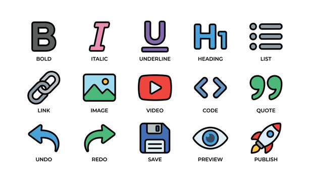 Text and editor icons showing formatting tools and interface actions