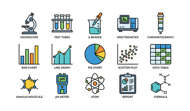 Science icons arranged in grid on white background