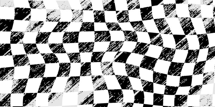 Stylized racing flag illustration with waving checkerboard pattern, high-speed race finish concept, bold perspective distortion, futuristic motorsport backdrop