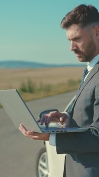 Field professional managing urgent tasks, Outdoor consultant conducting work while traveling in remote area