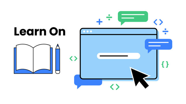 Online learning concept with computer, book, and pencil, symbolizing education and digital technology advancement.