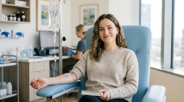 Woman receives IV infusion treatment in modern clinic