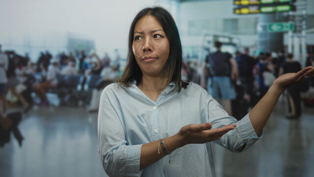 Young hispanic woman with open palms presenting inside a busy airport terminal while looking forward; travel uncertainty confusion.