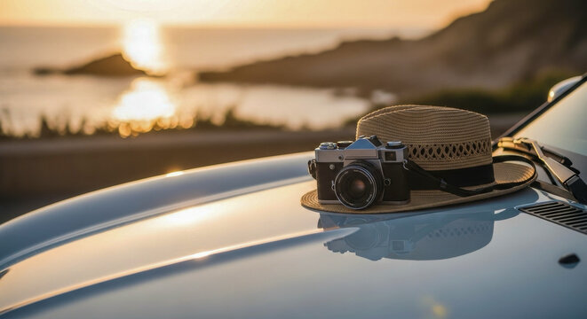 Travel vacation roadtrip sunset coastal ocean camera strawhat on car hood for tourism getaways