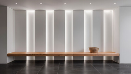 Fototapeta premium Minimalist Interior Wall with Floating Wooden Bench and Backlit Vertical Panels