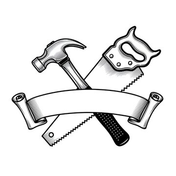 Crossed hammer and hand saw with blank scroll banner