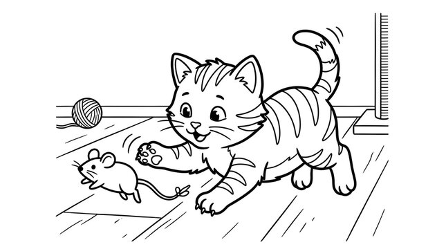 A playful cartoon cat chasing a mouse on a wooden floor
