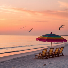 Fototapeta premium Idyllic tropical beach scene at sunset with striped umbrella and lounge chairs, and seagulls flying overhead