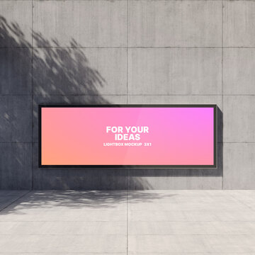 A 3x1 horizontal advertising screen is placed against a concrete wall. Presentation space. Advertising space. 3D rendering
