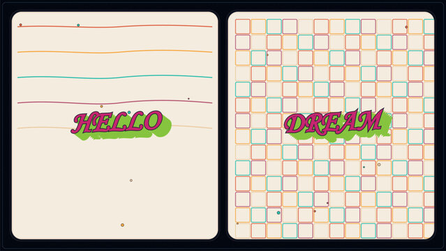 Retro aesthetic notebook covers with Hello and Dream typography, vintage pastel stationery set, 2 decorative vector card designs with grid and lines
