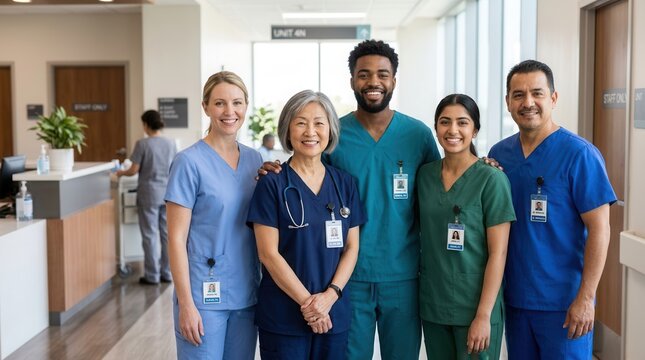 Diverse group of smiling healthcare professionals in hospital hallway