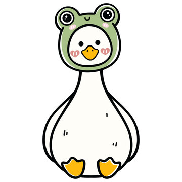 Cute Goose Wearing Frog Hat Sitting Cartoon Illustration 