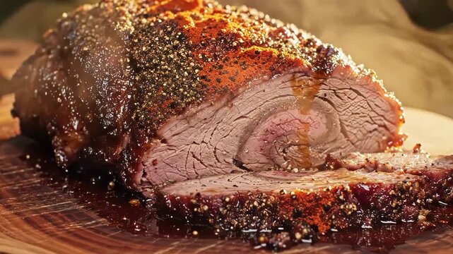A large piece of seasoned meat being sliced on a wooden cutting board with a knife