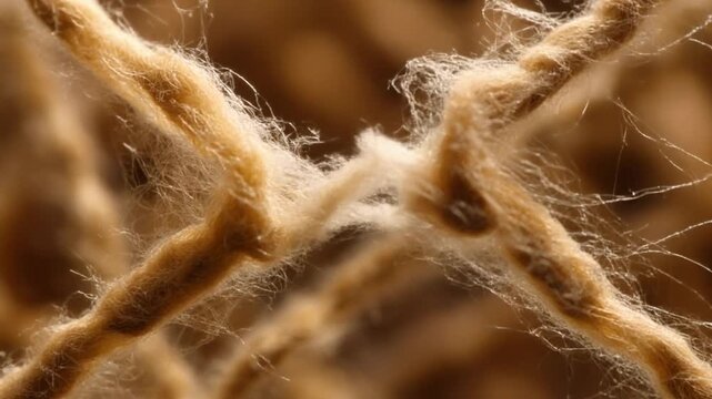 A close-up view of raw and fibrous textures on intertwined ropes reveals their natural, earthy tones and rugged, woven patterns up close.