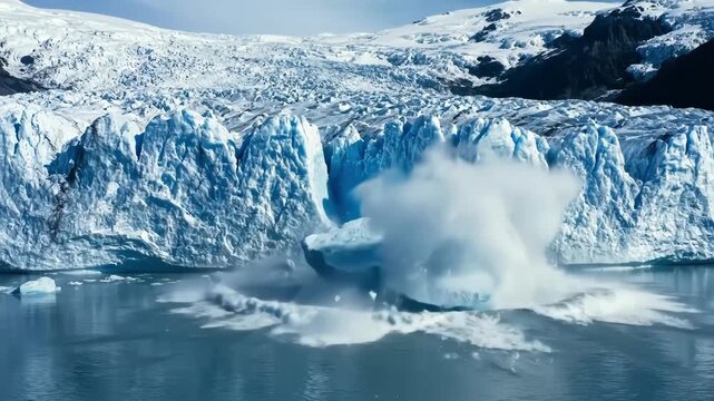 A massive glacier calving into a body of water with a snowy mountain range