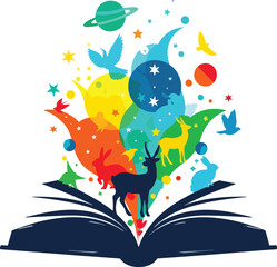 Fototapeta premium Whimsical storybook imagination concept vector, colorful animal silhouettes emerging from open book, creative education and fantasy literature illustration