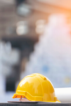 Banner Construction hard hat safety tools equipment workers in construction site engineering protection head hang on wood wall. Banner Many hard hat row helmet with copy space. Engineering Concept
