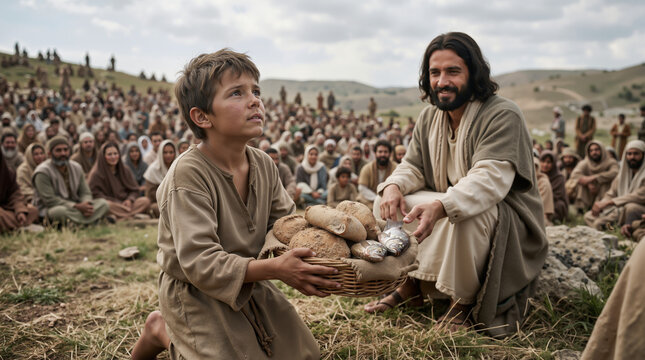 Jesus feeding the multitude with five loaves of bread and two fish. Young boy kneeling with a basket in front of a large crowd on a grassy hillside. Biblical miracle story concept