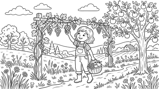 A cheerful girl harvests grapes from a vine in a vibrant orchard with an apple tree nearby.