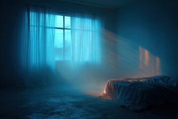 Obraz premium Abandoned bedroom with ethereal blue light from window