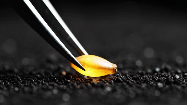 Metal tweezers pick up a single glowing grain from dark soil. Represents precision agriculture and genetic research. Ideal for biotechnology or farming innovation content.