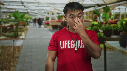 Fototapeta premium Young chinese lifeguard man pinches nose amid rows of potted flowers in building market greenhouse; disgust.