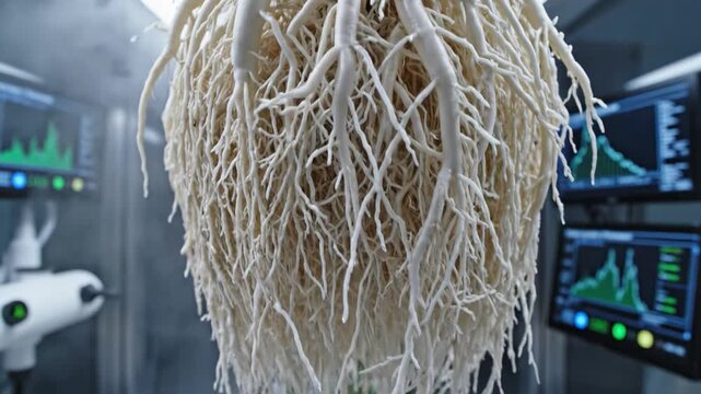 A thick white root system of a plant suspended in a high tech lab environment. Scientific research on aeroponics with data monitors in the background. For science and biotechnology content.