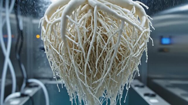 Dense white plant roots are being sprayed with nutrient mist in a laboratory. The scene highlights modern agricultural technology and sustainable farming. Ideal for biotech and science content.