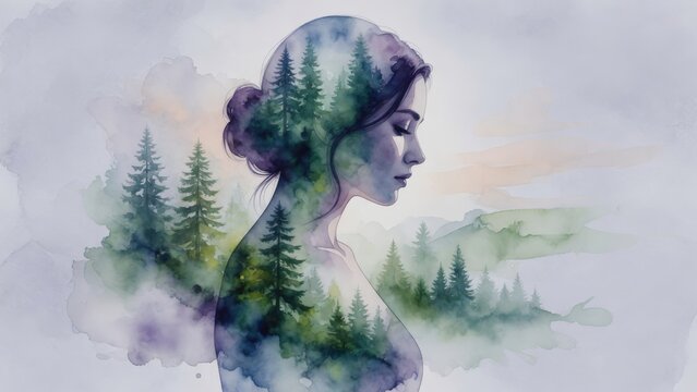 Profilo di donna in doppia esposizione con foresta di pini in acquerello