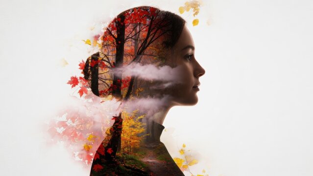 Doppia esposizione: ritratto di donna con foresta autunnale e nebbia