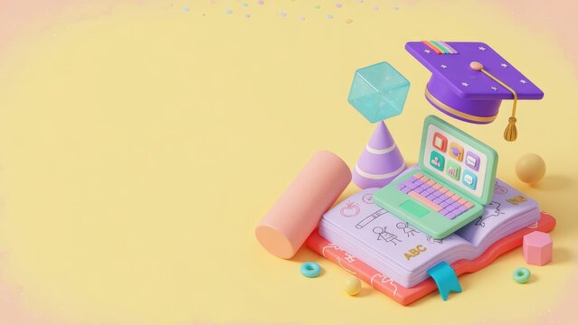 Formazione online e laurea: render 3D con laptop, libro e cappello
