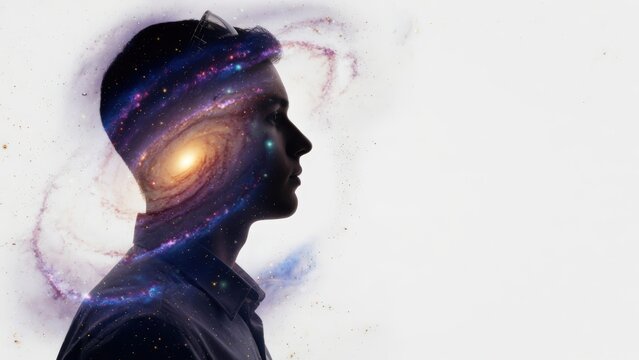 Doppia esposizione di profilo maschile con galassia a spirale e universo