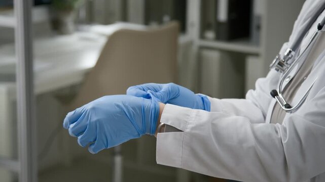 Handheld close up shot of young adult female physician putting on nitrile gloves then assessing lymph nodes of elderly woman during regular health checkup at modern clinic