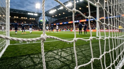 Naklejka premium Close-up of a wet soccer goal net with water droplets. Blurred background of a professional football match in a stadium under floodlights. Rainy evening sports event