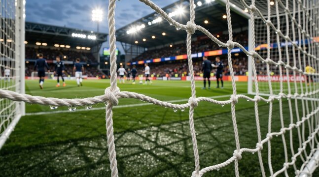 Close-up of a wet soccer goal net with water droplets. Blurred background of a professional football match in a stadium under floodlights. Rainy evening sports event