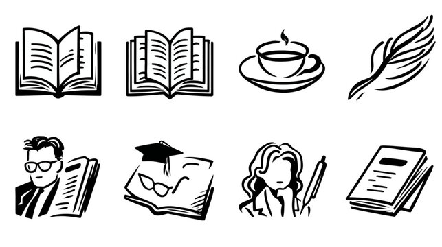 Hand-drawn education and writing icons set: books, pen, tea cup, student symbols. Ideal for academic and literary themes.