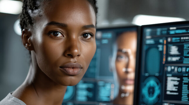 Focused african programmer, young black woman in technology workspace with data displays nearby, computer screens with programming, network concept