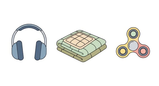 A colorful illustration of a pair of headphones, a folded blanket, and a fidget spinner on a plain w