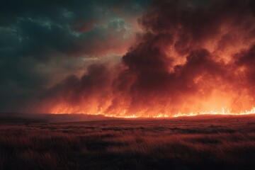 Obraz premium Massive wildfire with dramatic flames and smoke across grassland