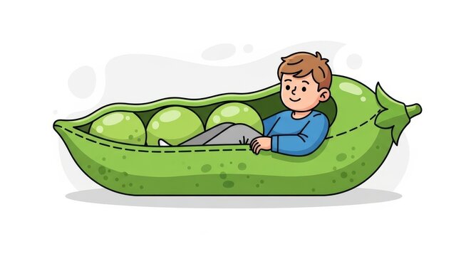 a cartoon boy sitting inside a giant green pea pod with peas pea pod green background single person