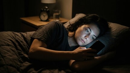 Fototapeta premium Exploring Bad Habits and Addiction Recovery in Bed at Night With a Person Using a Smartphone