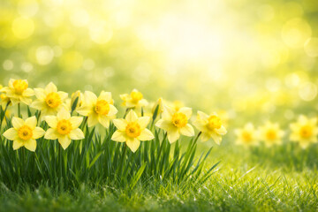 Fototapeta premium Yellow daffodils blooming in green grass with bright sunshine and soft bokeh. Fresh spring floral background with wide copy space