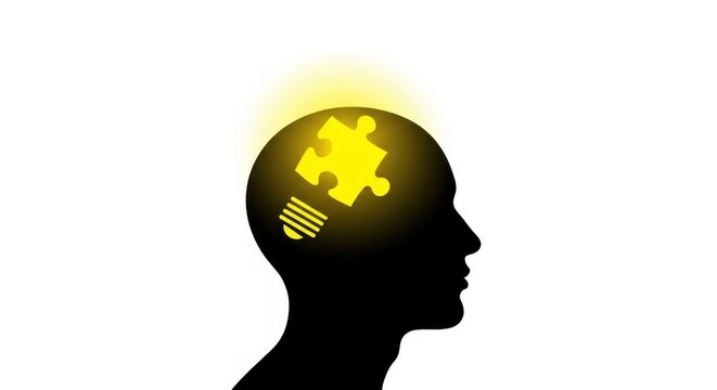 a black silhouette of a human head with a yellow puzzle piece in the brain area and a bright yellow
