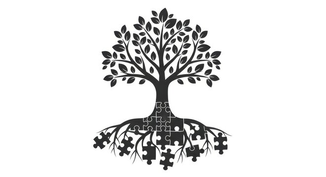 black and white silhouette of a tree with puzzle pieces for roots on a white background with copy sp