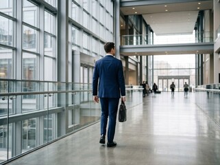 Obraz premium Businessman walking confidently through modern glass-walled corporate hallway