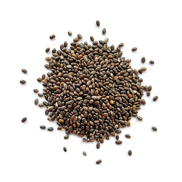 A pile of raw chia seeds isolated on white background