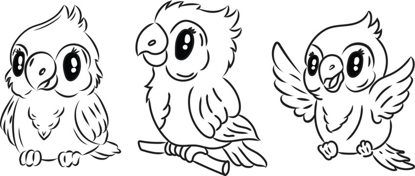 Doodle Vector illustration of a cute cartoon parrot in a wood, outline drawing, parrot coloring page, Eps format design, cartoon parrot linear drawing, Simple character illustration for kids set
