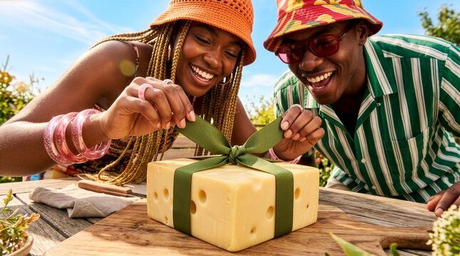 Smiling man and woman untying green ribbon on block of Swiss cheese outdoors