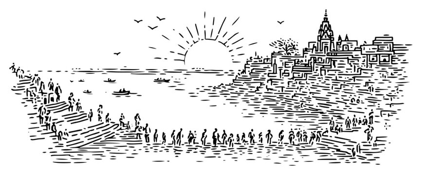 Varanasi ghats on the river Ganges with rising sun and pilgrims vintage engraving style