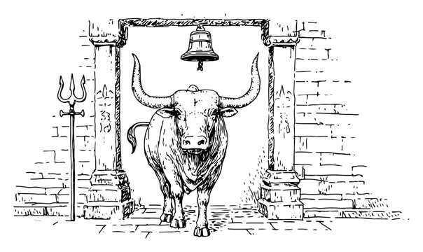 Nandi bull standing at Hindu temple entrance with bell and trident in hand drawn sketch style